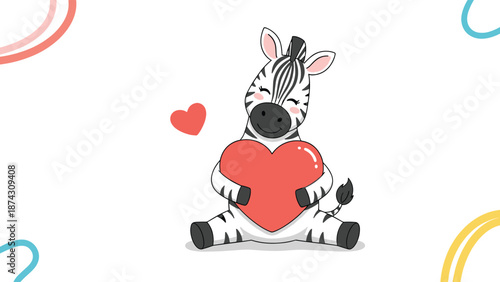 Playful zebra character sitting down and hugging a large red heart, perfect for Valentine's Day or expressing love and friendship in illustrations.