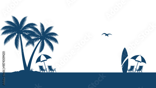Relaxing tropical beach silhouette featuring palm trees, beach chairs, umbrellas, and a surfboard under a clear sky with a soaring seagull.
