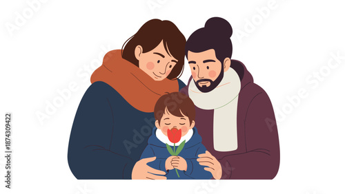 Loving family wrapped in warm winter scarves and coats embracing while their young child holds a single red flower in a symbol of affection.