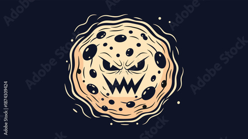 Menacing monster face with sharp teeth and angry eyes illustrated on a chocolate chip cookie against a dark background for Halloween fun.