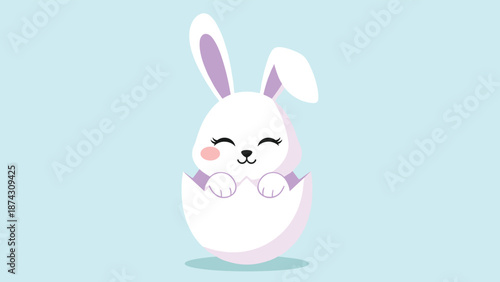 Adorable white baby bunny with pink cheeks joyfully hatching from a purple and white eggshell against a soft blue background for Easter.