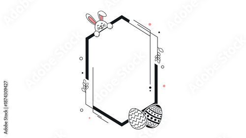 Decorative hexagonal frame for Easter celebrations featuring a cute rabbit peeking over the top and patterned eggs at the base with floral accents.