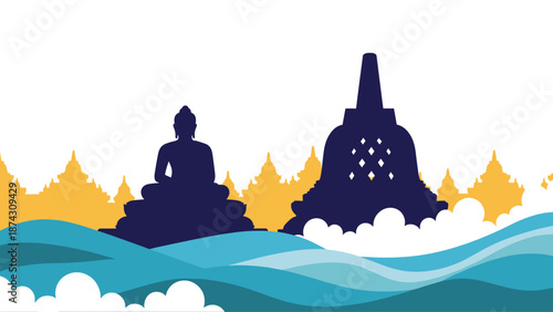 Silhouette of the famous Borobudur temple and a sitting Buddha statue over stylized blue ocean waves with a yellow sunset background.
