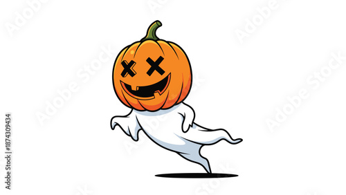 Spooky white ghost with a carved pumpkin head and crossed-out eyes floating in the air, creating a whimsical yet eerie Halloween character.