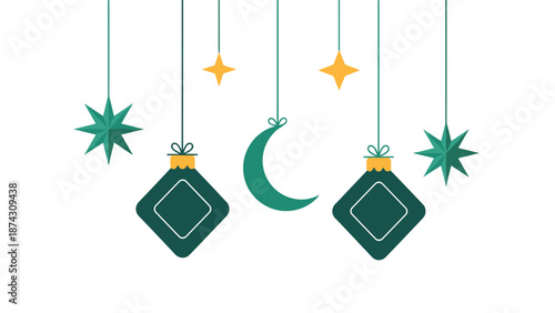 Traditional Ramadan decorations with hanging green lanterns, a crescent moon, and golden stars against a white background for Islamic holidays.