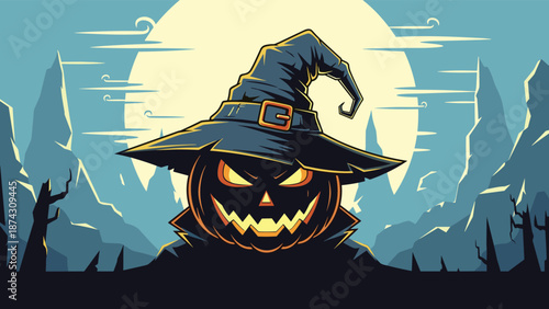 Menacing jack-o'-lantern wearing a blue wizard hat standing in a spooky moonlit landscape with silhouettes of dead trees and mountains.