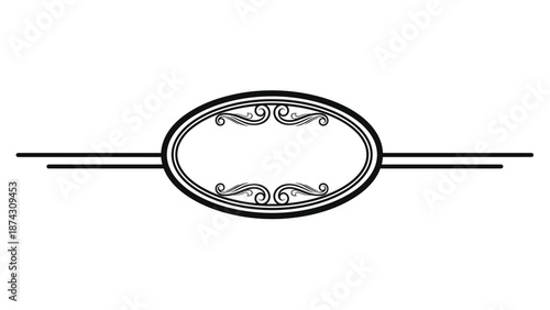 Elegant vintage oval frame with decorative flourishes and horizontal lines on each side, providing a classic border for invitations and text.
