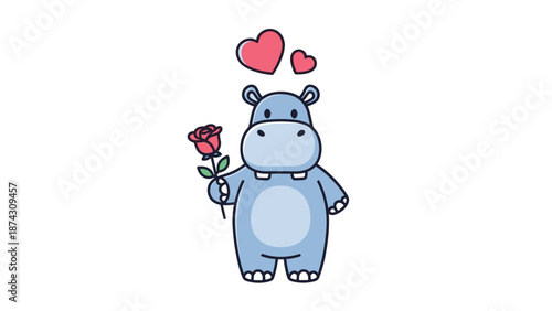 Sweet blue hippo character holding a red rose with two pink hearts floating above its head, representing affection and romantic gestures.