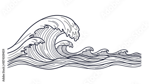Dynamic line art illustration of powerful ocean waves crashing in a traditional Japanese style, ideal for marine and nature-themed designs.