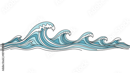 Continuous row of stylized ocean waves in blue and white line art, creating a rhythmic and decorative border for coastal or nautical designs.