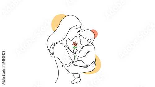 Minimalist one-line drawing of a mother gently holding her baby who is reaching out with a small orange flower, symbolizing pure love.