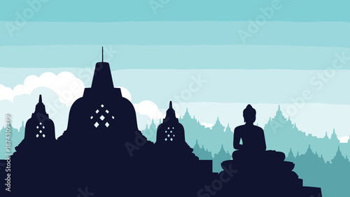 Majestic silhouette of Borobudur temple complex in Indonesia against a serene layered blue sky with soft white clouds for travel themes.