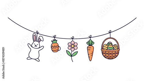 Colorful Easter garland hanging on a string featuring a bunny, pineapple, pink flower, carrot, and a basket full of decorated eggs.