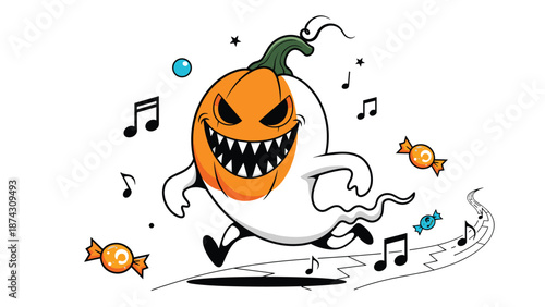 Energetic ghost with a pumpkin face running down a path while listening to music with floating notes and scattered Halloween candies.