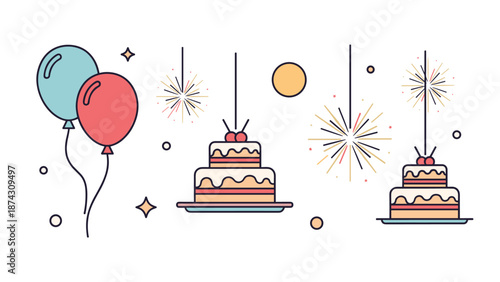 Celebration-themed illustration set including colorful balloons, two-tiered cakes with sparklers, and festive decorative elements on white.