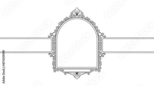 Ornate decorative frame with an arch-shaped center and intricate swirling patterns, providing an elegant border for classic graphic design.