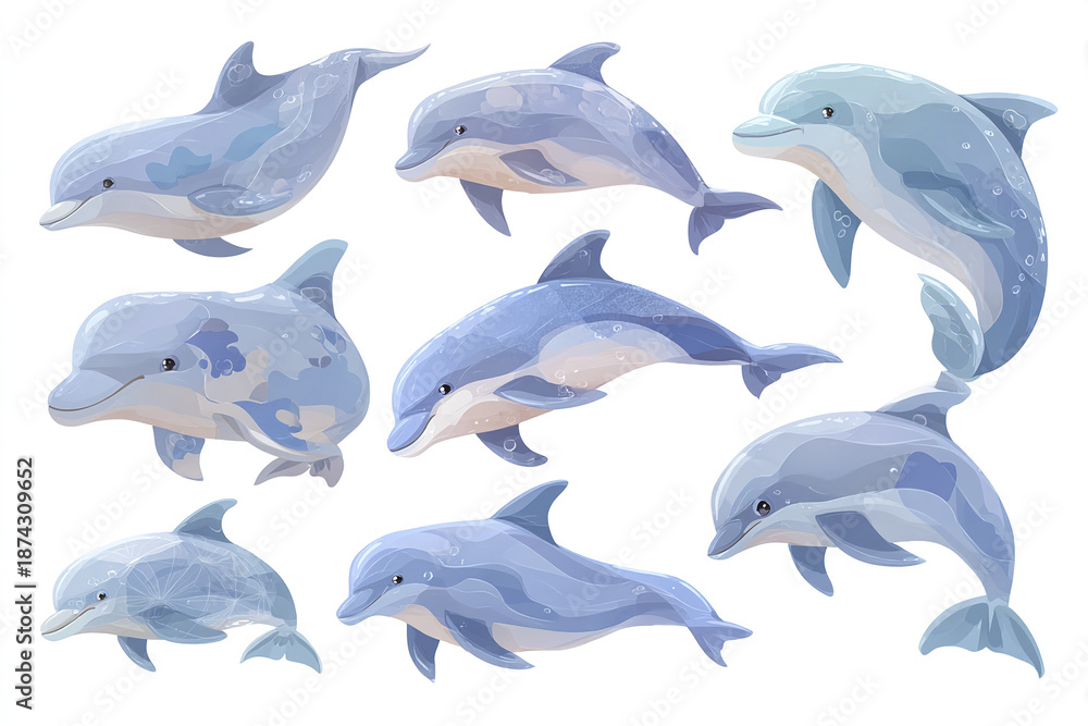 Fototapeta premium Cute cartoon dolphin illustration set with multiple swimming poses, soft blue tones, and playful expressions, perfect for children books or educational materials