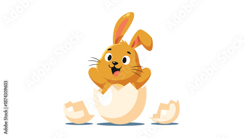 Joyful brown easter bunny hatching from a white cracked eggshell with its paws up in a cute celebratory cartoon illustration.