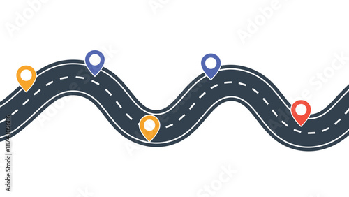 Winding dark road with white dashed lines and colorful location pin markers representing a travel itinerary or navigation map.