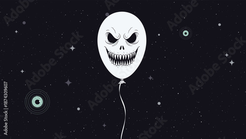 White balloon with a scary skull face floating in dark outer space with stars and celestial bodies for a spooky halloween vibe.