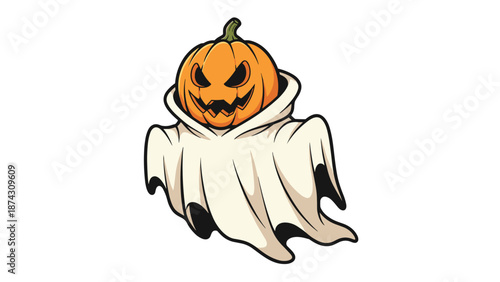 Spooky halloween ghost wearing a white sheet with a carved orange pumpkin head and a scary face floating on a white background.