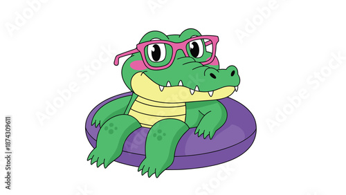 Friendly green crocodile character wearing pink glasses and relaxing in a purple inflatable ring for summer and poolside fun.