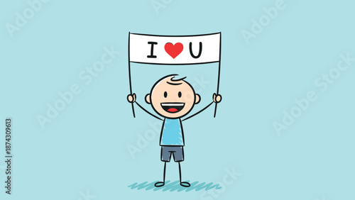 Simple stick figure boy holding up a white banner that says i love u with a red heart in the center against a light blue backdrop.