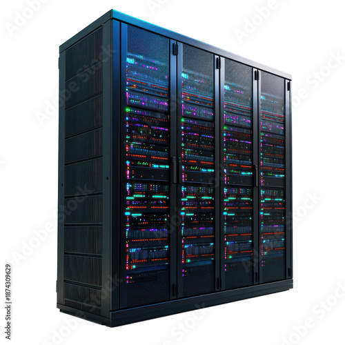 A large server unit humming softly as it processes data in a data center. full length isolate on transparent background
