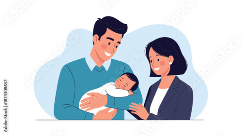 Young father and mother looking down at their sleeping newborn baby with tenderness and love in a clean flat vector illustration.