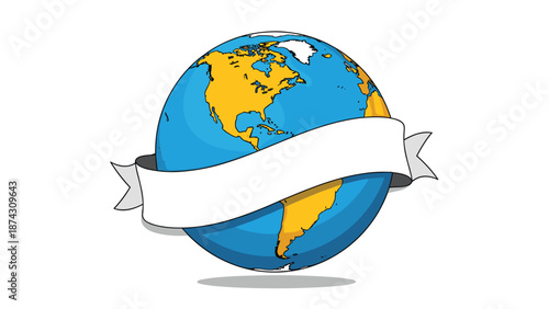 Cartoon earth globe showing the americas with a blank white ribbon banner wrapped around it for custom text and messages.