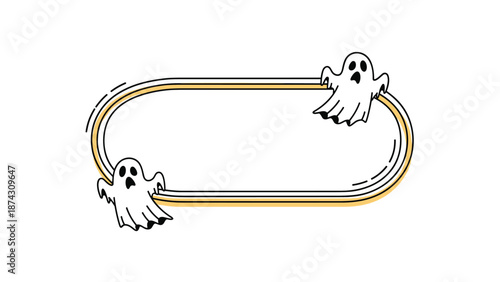 Oval frame decorated with two cute cartoon ghosts on either side for halloween invitations, flyers, or spooky themed messages.