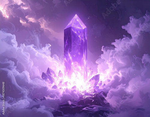 A large purple crystal emits light amidst swirling purple clouds.