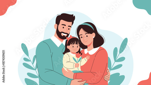 Happy family of three with a father, mother, and daughter holding a flower against a soft pastel background for a warm greeting.