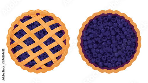A top-down vector illustration depicts two blueberry pies, featuring a traditional golden lattice crust on the left and a dense, open-faced berry filling on the right