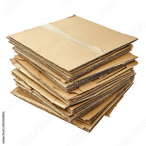 A stack of flattened cardboard boxes, waiting to be assembled. full length isolate on transparent background