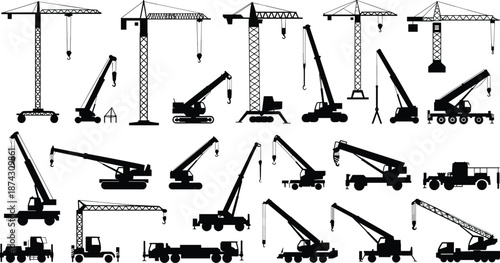 Construction crane silhouette set, tower and mobile lifting machinery, heavy industrial equipment collection, black vector illustration isolated on white background