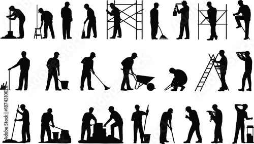 Construction worker silhouette icon set illustration, manual labor activities with tools, scaffolding, ladder work, industrial workforce poses, black vector design