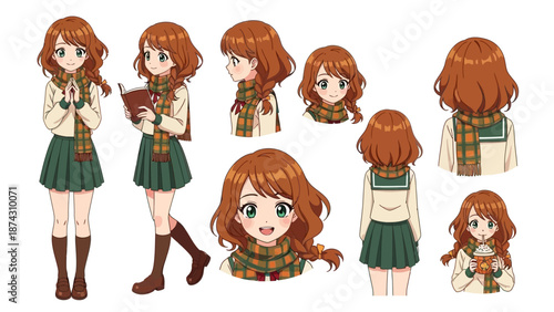 Anime schoolgirl character sheet with multiple poses and expressions