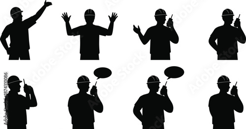 Construction worker silhouette set showing hand signals and radio communication gestures, industrial safety coordination and teamwork concept for job sites vector illustration