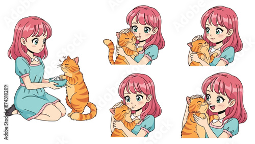 Adorable anime girl with pink hair tenderly feeding and cuddling her orange tabby cat