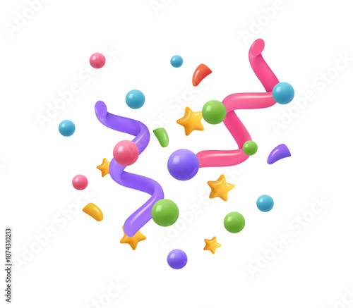 Colorful party confetti, isolated stars and serpentine, balls and airballs or balloons. Vector 3d icons or sticker, partying or greeting congratulations with holidays. Cracker carnival festive design