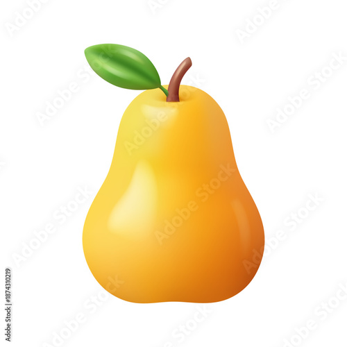 Tasty ripe pear with leave, isolated 3d harvest icon. Vector organic natural fruit for making desserts and refreshing juices. Autumn dietary product of healthy nutrition for vegans and vegetarians