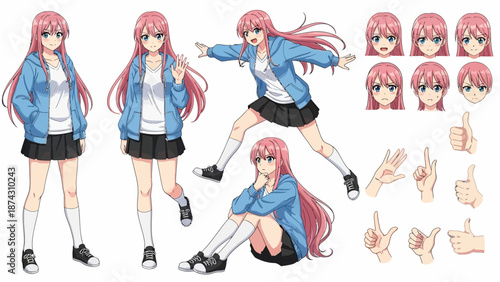 Anime girl character sheet with various poses and expressions