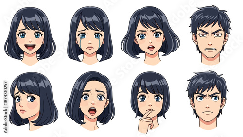 Diverse anime style faces expressing various emotions and reactions