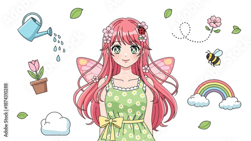 Whimsical fairy girl with pink hair and flowers in a green dress