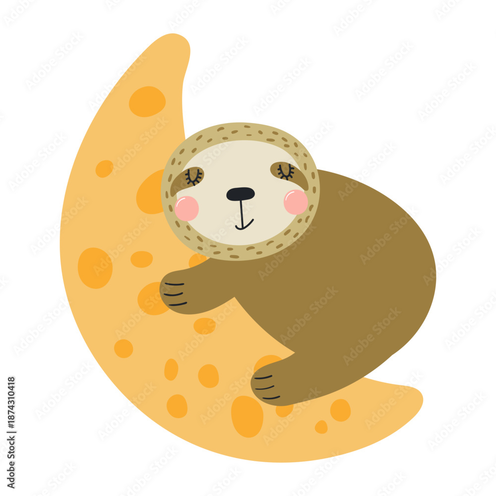 Obraz premium Cute baby sloth sleeping on the moon, isolated on transparent. Hand drawn flat vector illustration. Kawaii cartoon character. Kids fashion, textile print, poster, card, wall art, baby shower invite