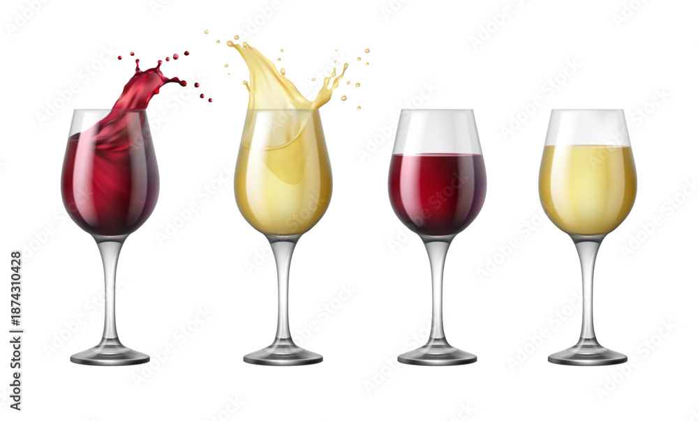 Fototapeta premium Degustation and wine tasting. Vector in realistic style, isolated set of glasses with different craft alcoholic beverages. Splashes of liquid in cup. Unique blend and taste of alcohol drink