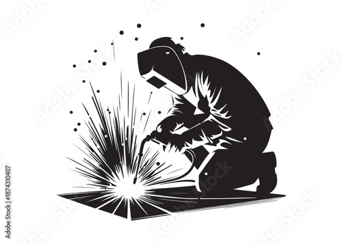 welding logo vector silhouette design, welder logo icon silhouette, vector silhouettes of workers welding metal, fabrication work vector silhouette logo design on white background