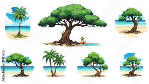 Serene beach scenes with palm trees and tropical landscape