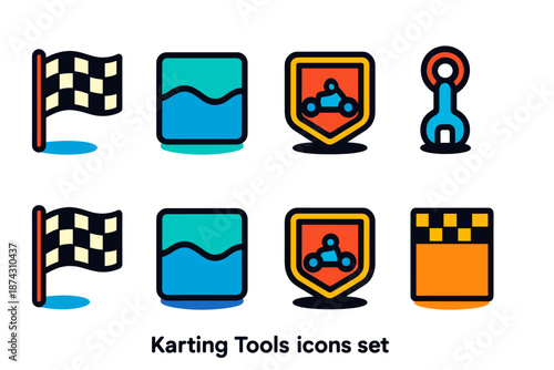 Karting tools icon set. Flat racing, motorsport icons collection
